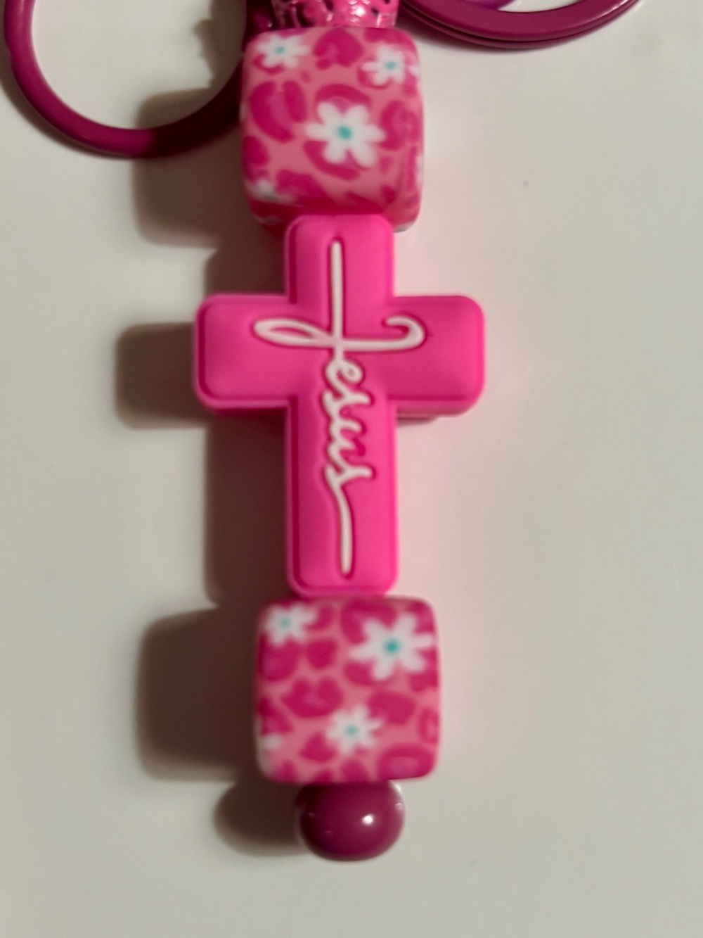 NIP Pink Jesus Cross Keychain with Floral Beads